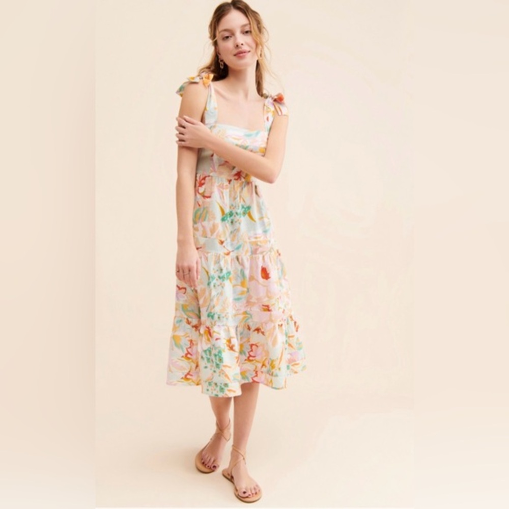 Anthropologie 100% Linen Kachel Tie Strap Floral Midi Dress - Pastel, Size 8